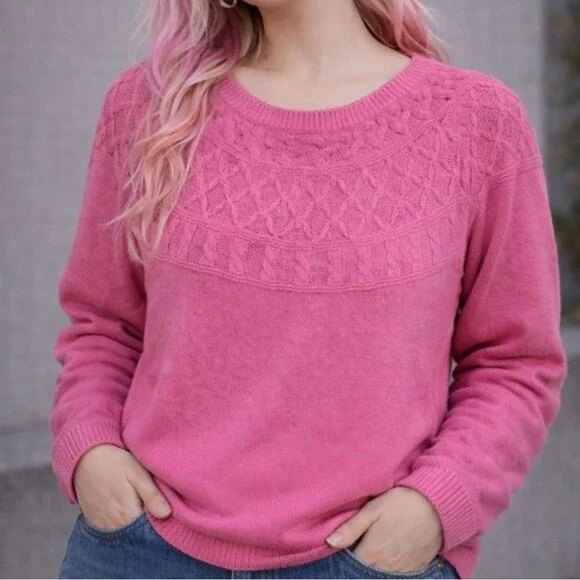Talbots Hot Pink Cable Knit Sweater L Cotton Spring Layering Preppy Coquette - Picture 6 of 6